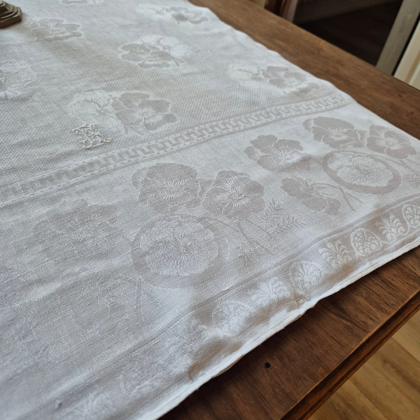 Antikes Jugendstil Küchen- & Geschirrhandtuch weiß Damast Baumwolle 57x125cm Monogramm H.S. 🤍