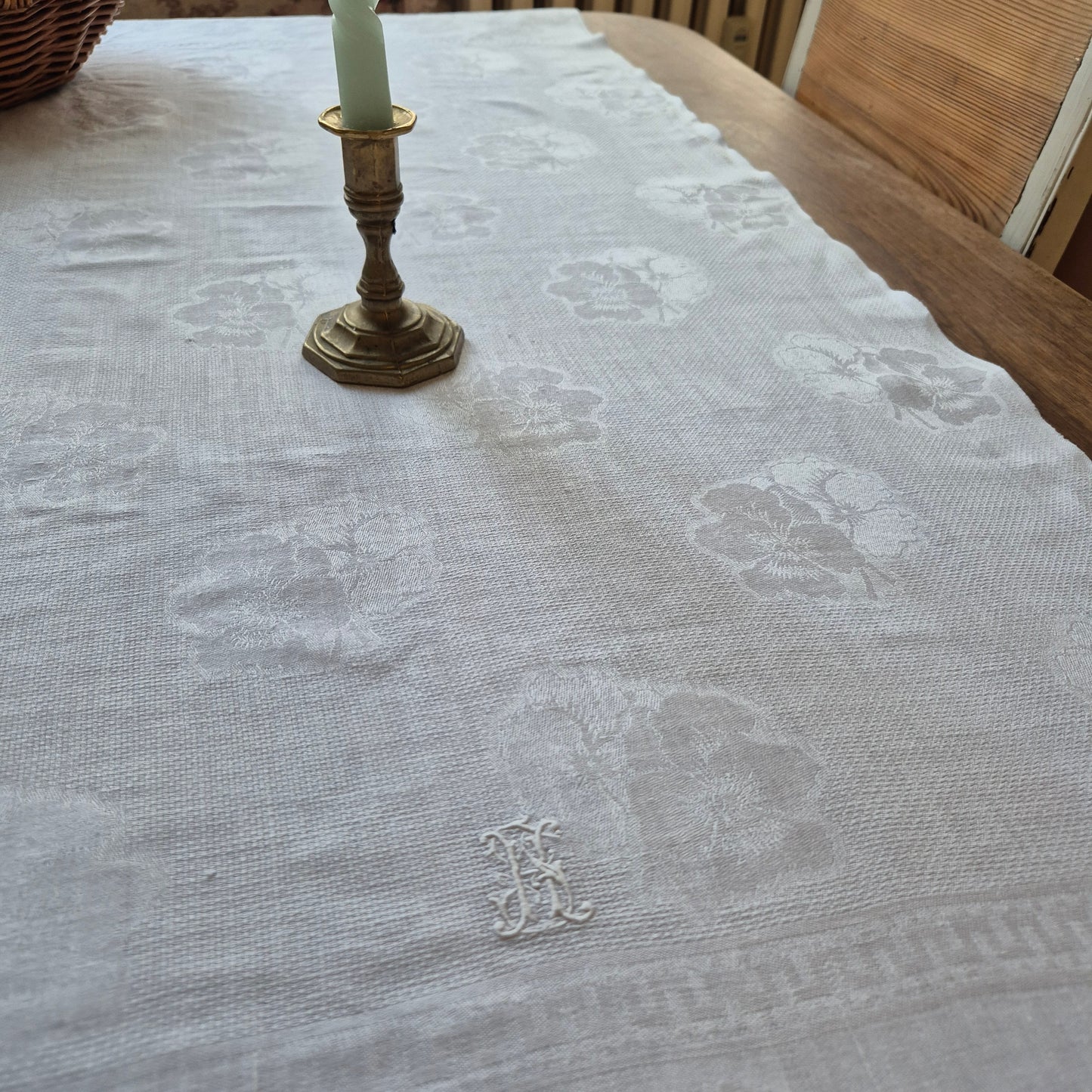 Antikes Jugendstil Küchen- & Geschirrhandtuch weiß Damast Baumwolle 57x125cm Monogramm H.S. 🤍