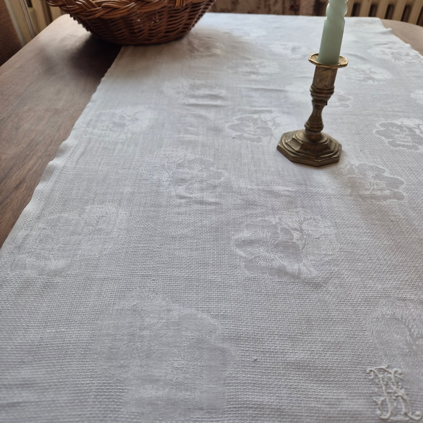 Antikes Jugendstil Küchen- & Geschirrhandtuch weiß Damast Baumwolle 57x125cm Monogramm H.S. 🤍