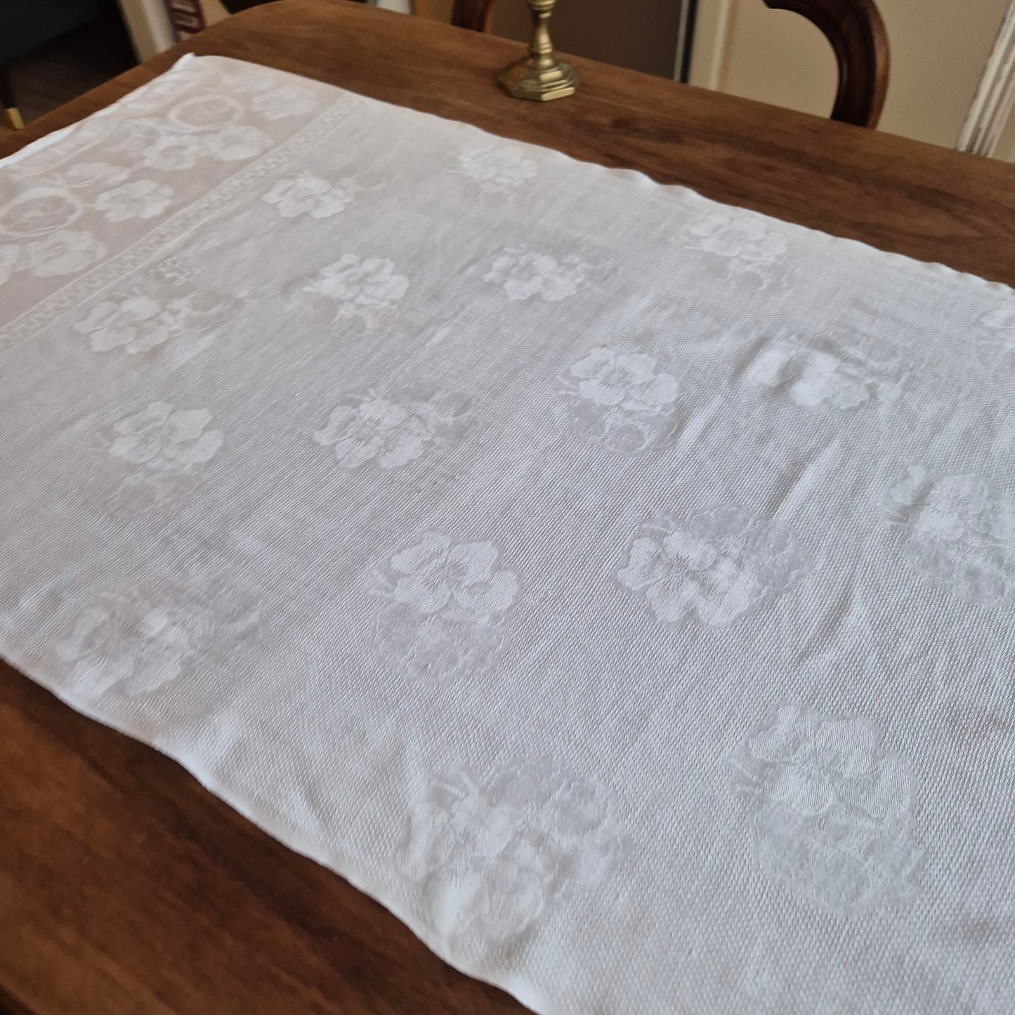 Antikes Jugendstil Küchen- & Geschirrhandtuch weiß Damast Baumwolle 57x125cm Monogramm H.S. 🤍