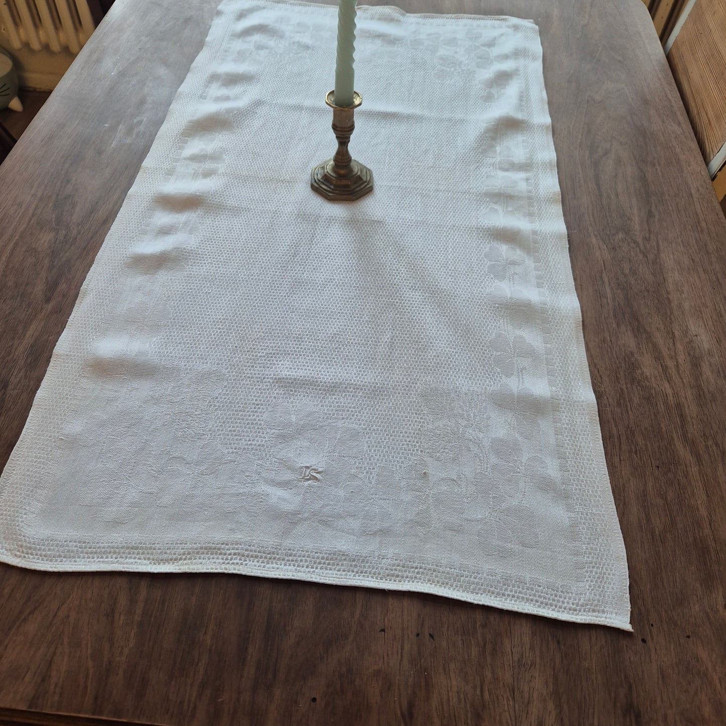 Antikes Jugendstil Küchen- & Geschirrtuch weiß Leinen Baumwolle 49x93cm Monogramm L.S. Kleeblatt 🤍
