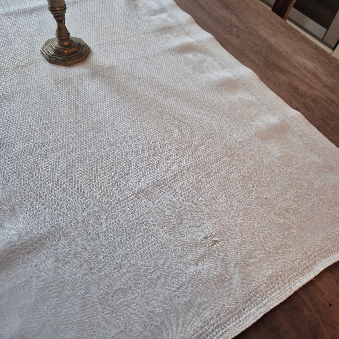 Antikes Jugendstil Küchen- & Geschirrtuch weiß Leinen Baumwolle 49x93cm Monogramm L.S. Kleeblatt 🤍