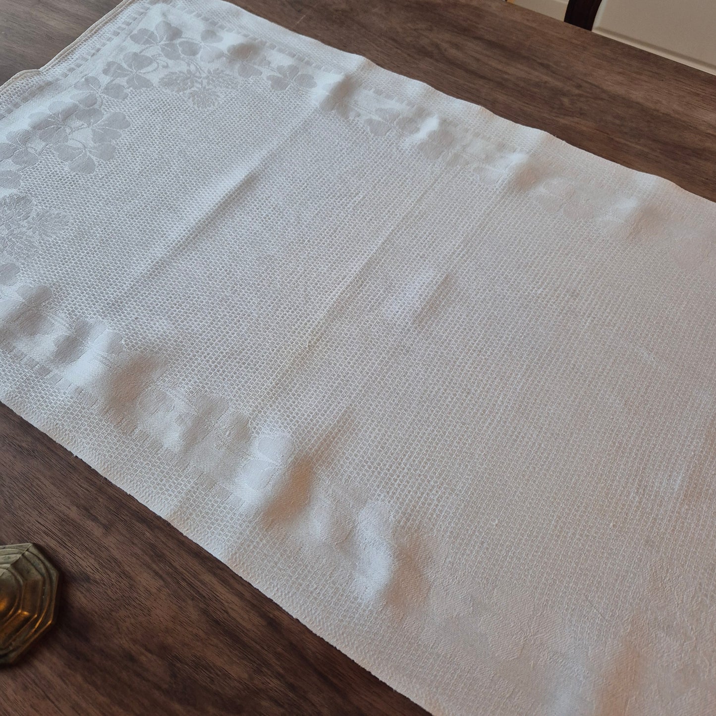 Antikes Jugendstil Küchen- & Geschirrtuch weiß Leinen Baumwolle 49x93cm Monogramm L.S. Kleeblatt 🤍