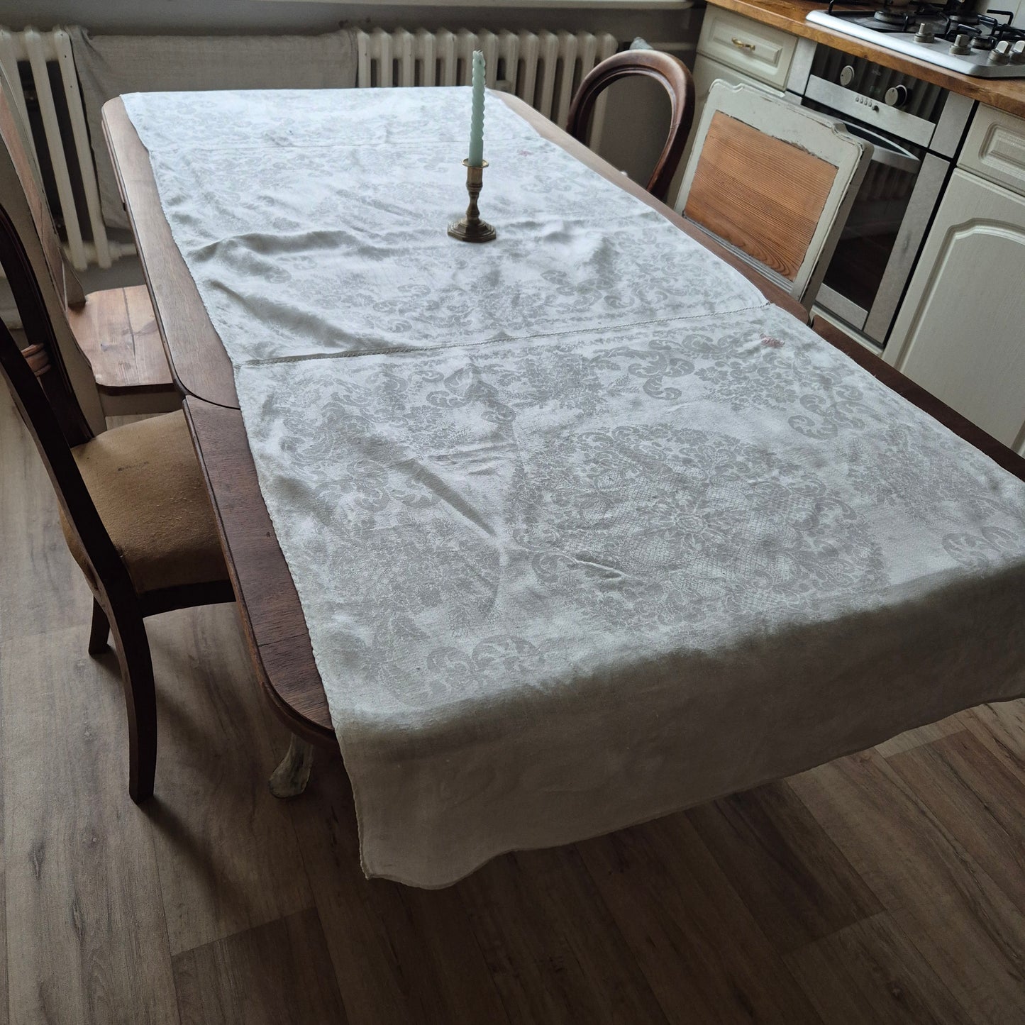 Antike Jugendstil Tischdecke aus Servietten zusammengenäht Tischläufer Baumwolle Damast 75x225cm Monogramm H.S. 🤍