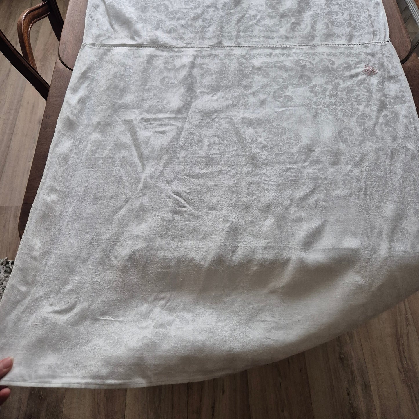 Antike Jugendstil Tischdecke aus Servietten zusammengenäht Tischläufer Baumwolle Damast 75x225cm Monogramm H.S. 🤍