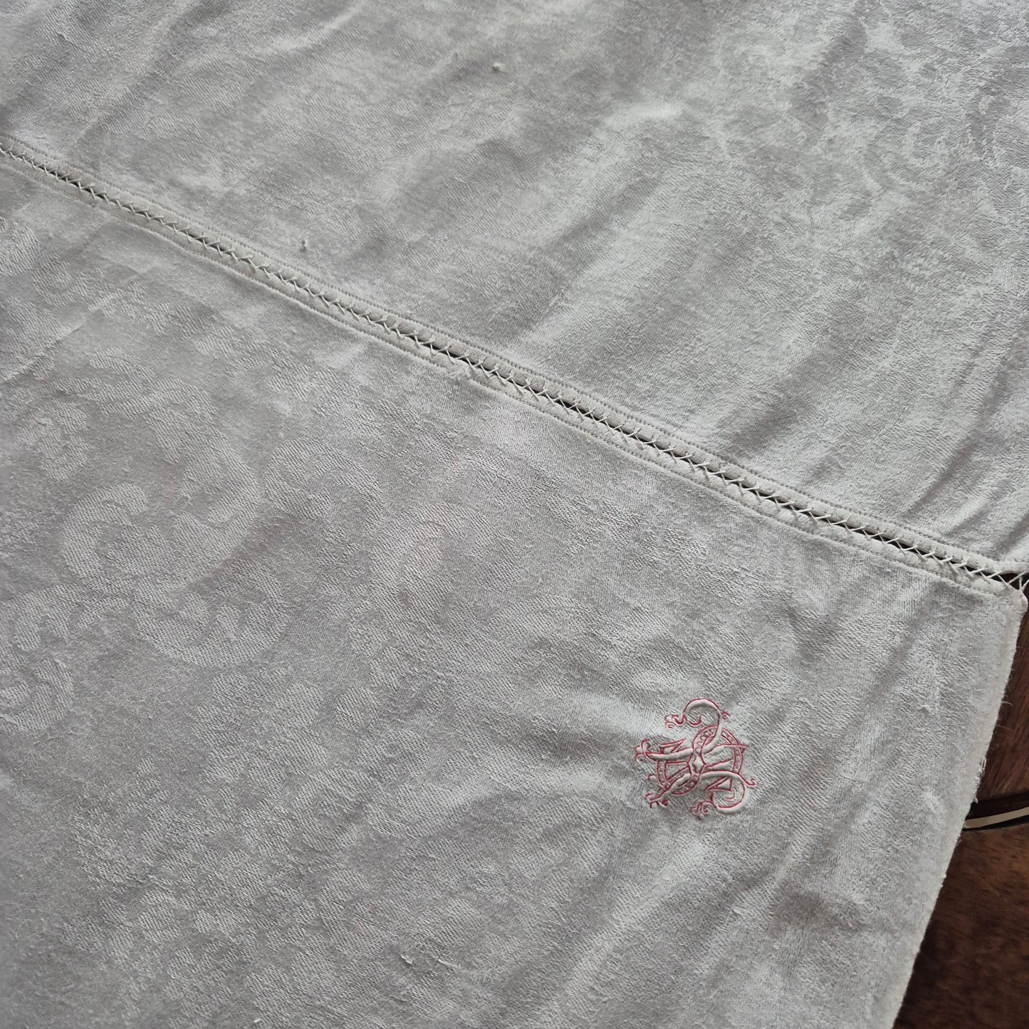 Antike Jugendstil Tischdecke aus Servietten zusammengenäht Tischläufer Baumwolle Damast 75x225cm Monogramm H.S. 🤍