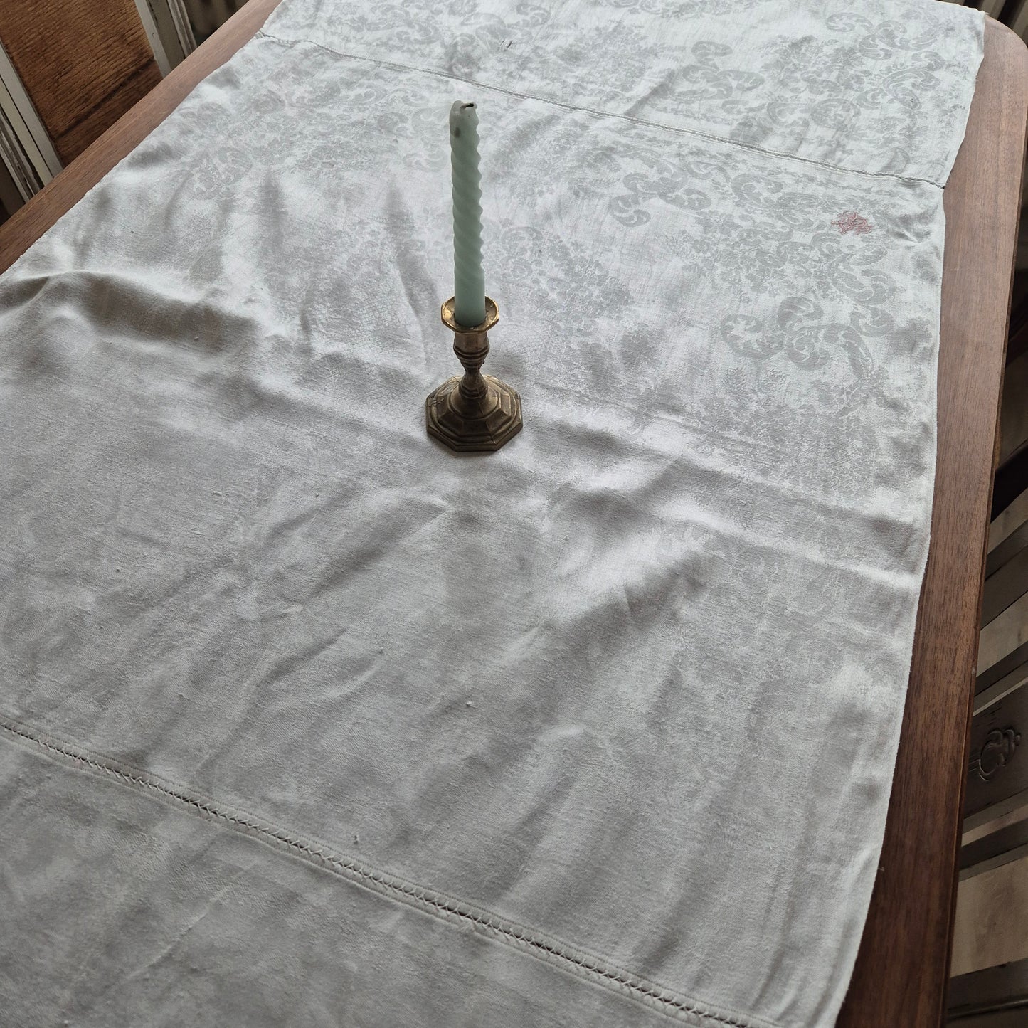 Antike Jugendstil Tischdecke aus Servietten zusammengenäht Tischläufer Baumwolle Damast 75x225cm Monogramm H.S. 🤍