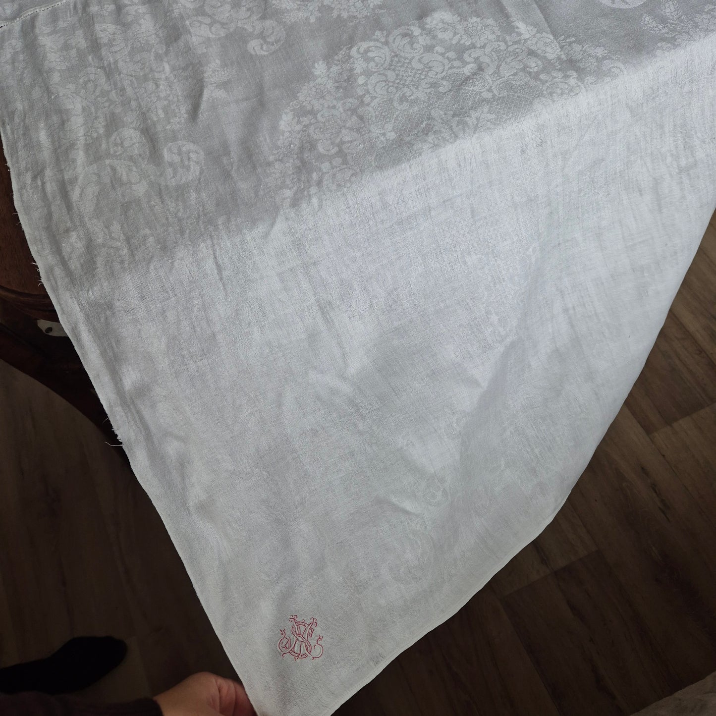 Antike Jugendstil Tischdecke aus Servietten zusammengenäht Tischläufer Baumwolle Damast 75x225cm Monogramm H.S. 🤍