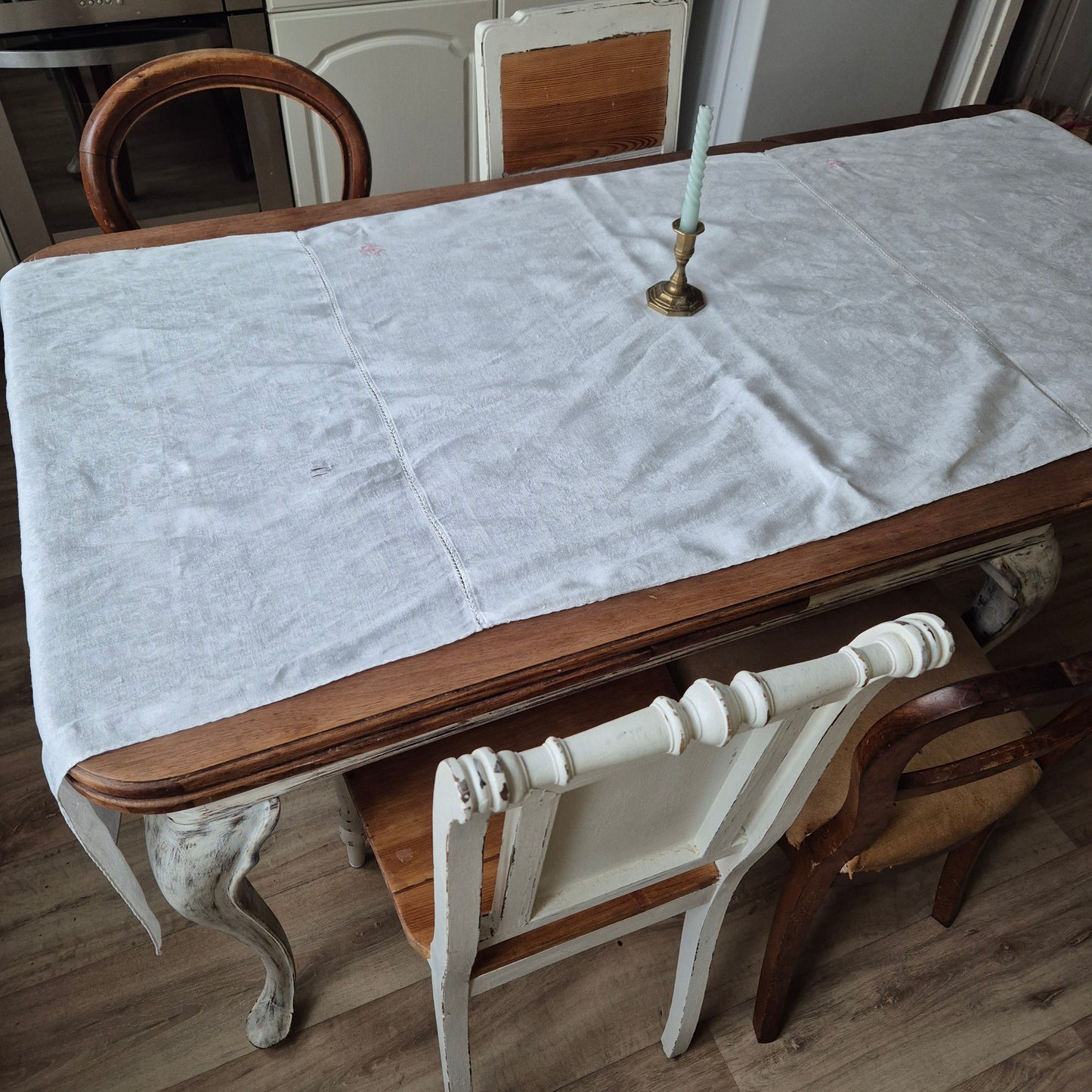 Antike Jugendstil Tischdecke aus Servietten zusammengenäht Tischläufer Baumwolle Damast 75x225cm Monogramm H.S. 🤍