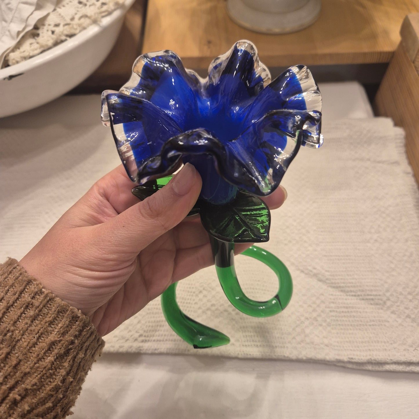 Vintage Murano Glaskunst Blume Kerzenhalter Blau