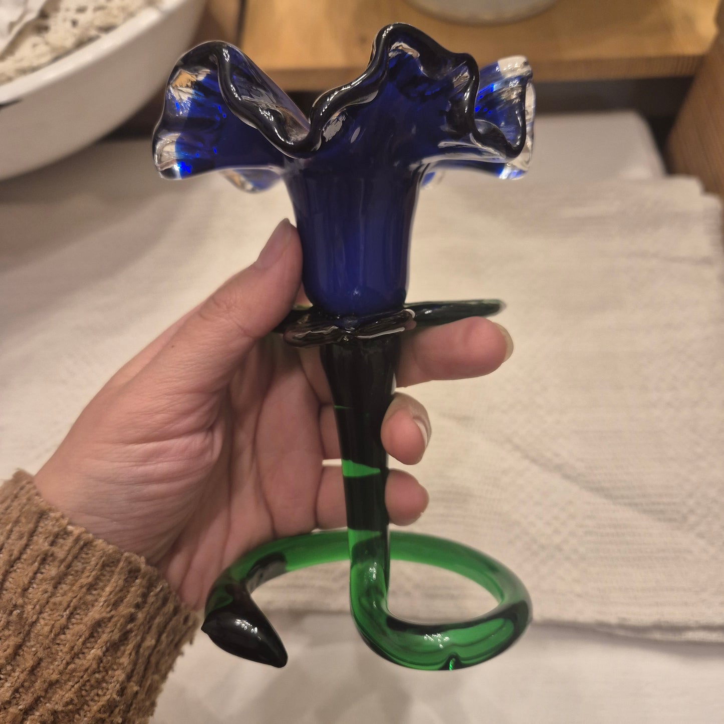 Vintage Murano Glaskunst Blume Kerzenhalter Blau