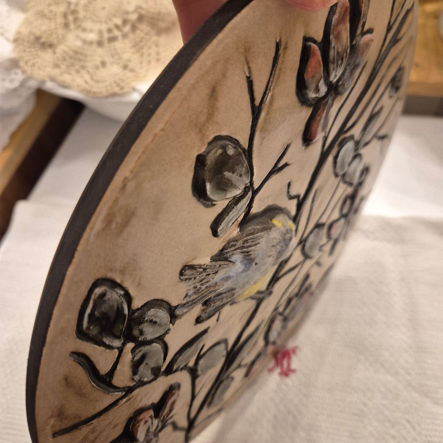 Ruscha Blaumeise Wandteller, Wanddekoration West Germany Pottery Landhaus Keramik Bild