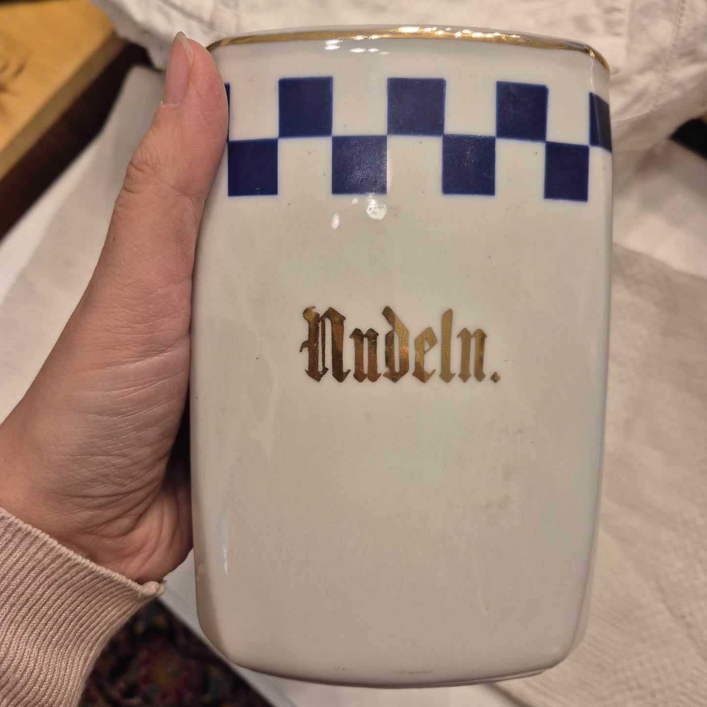 Antike Porzellan Vorratsdose Nudeln Art Deco um 1930 blau weiß