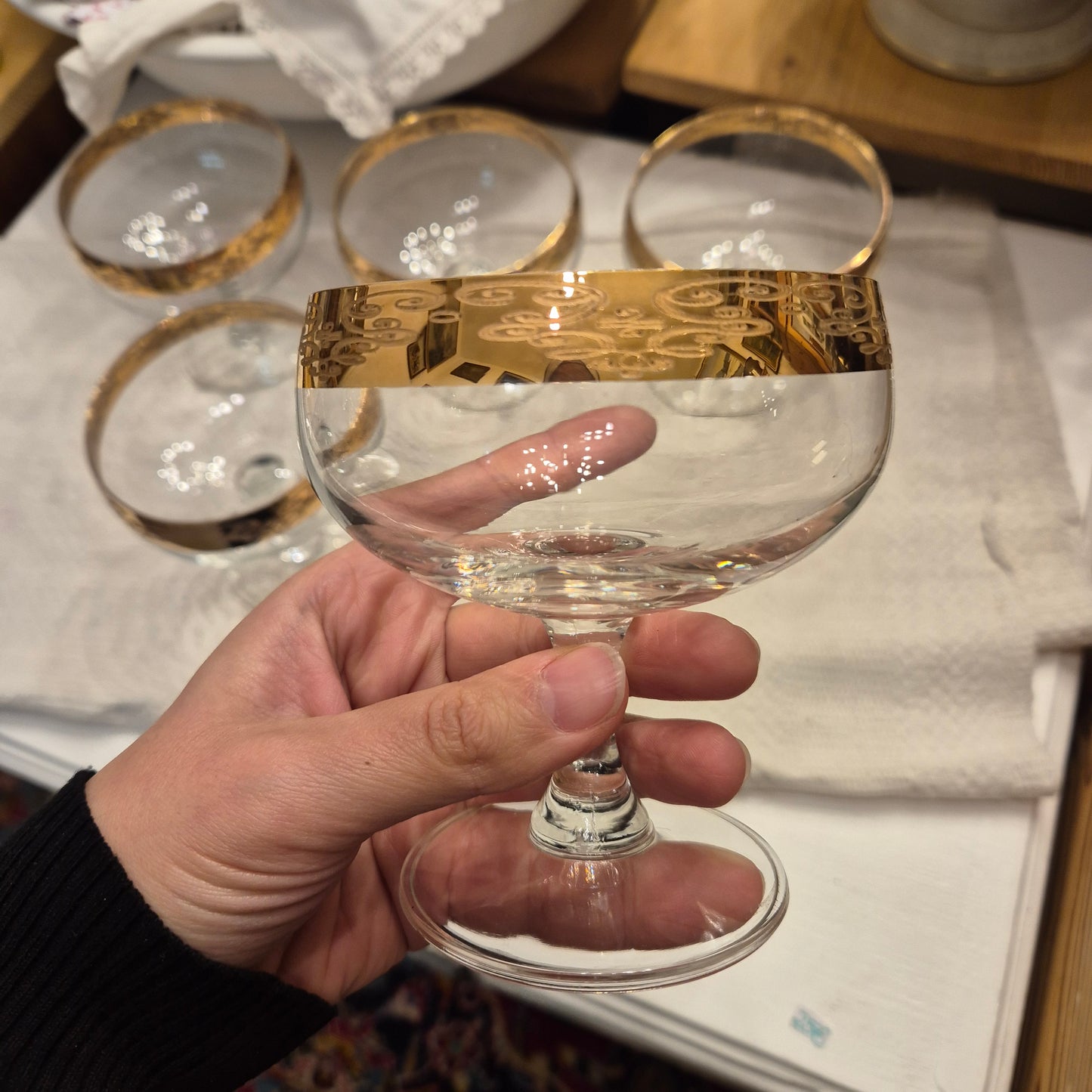 5x Antike Champagner Sektgläser Wein Gläser Mid-Century Cocktail Bar Goldrand