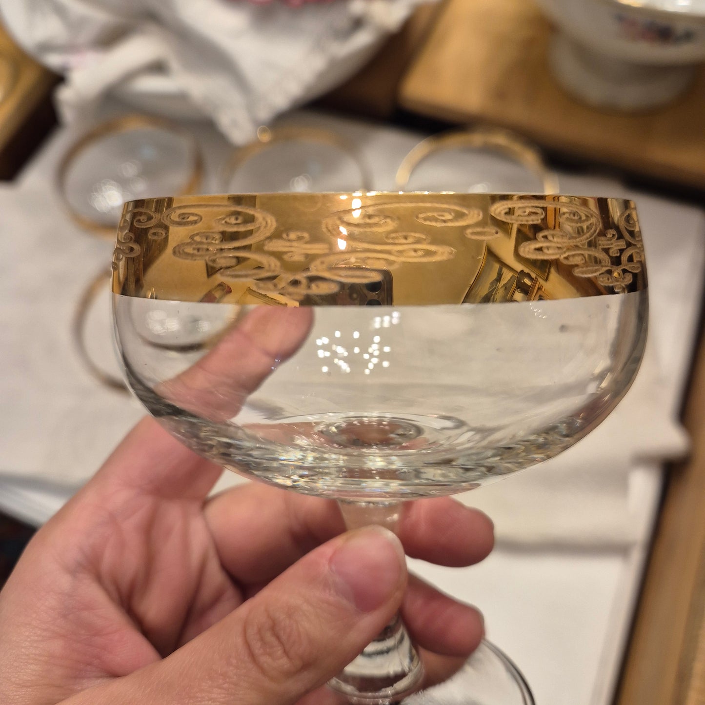 5x Antike Champagner Sektgläser Wein Gläser Mid-Century Cocktail Bar Goldrand
