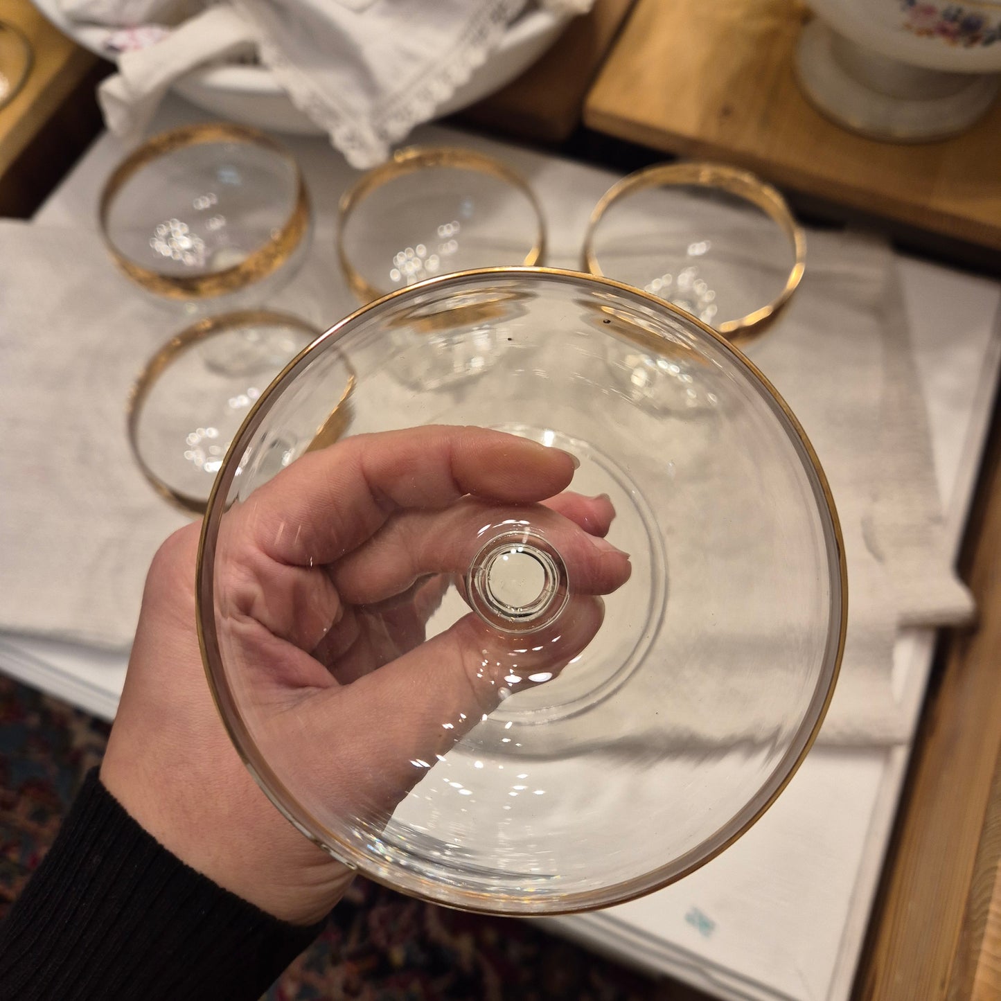 5x Antike Champagner Sektgläser Wein Gläser Mid-Century Cocktail Bar Goldrand