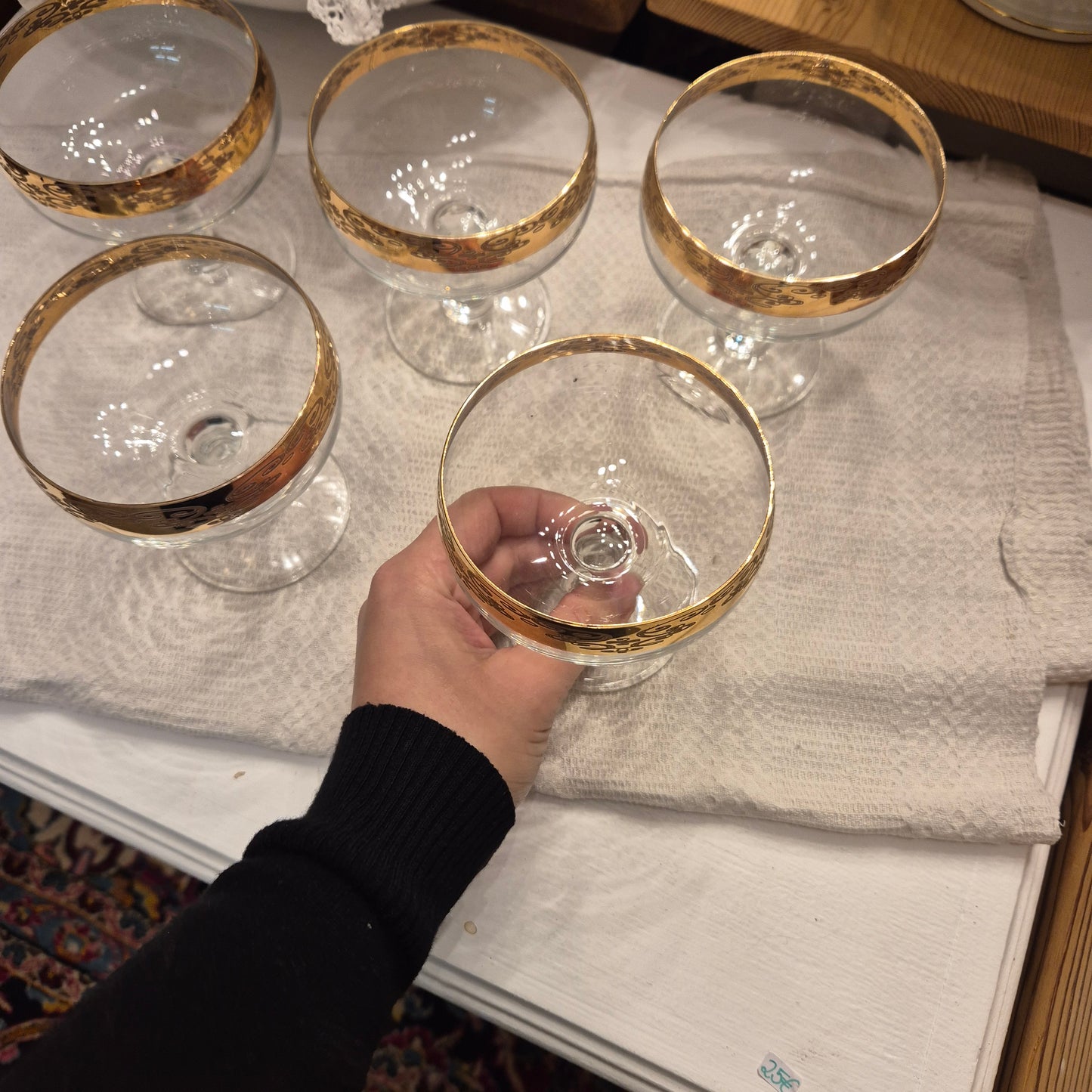 5x Antike Champagner Sektgläser Wein Gläser Mid-Century Cocktail Bar Goldrand