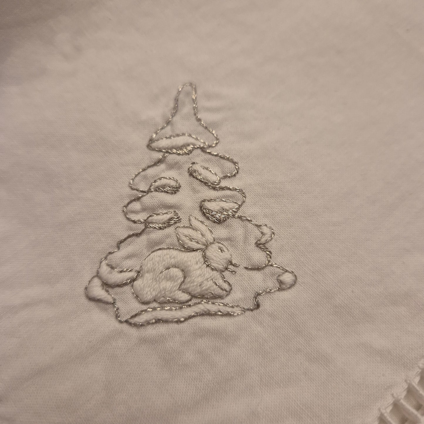 5x Hase Tanne Weihnachtsservietten Servietten Stoff Baumwolle Landhaus weiß