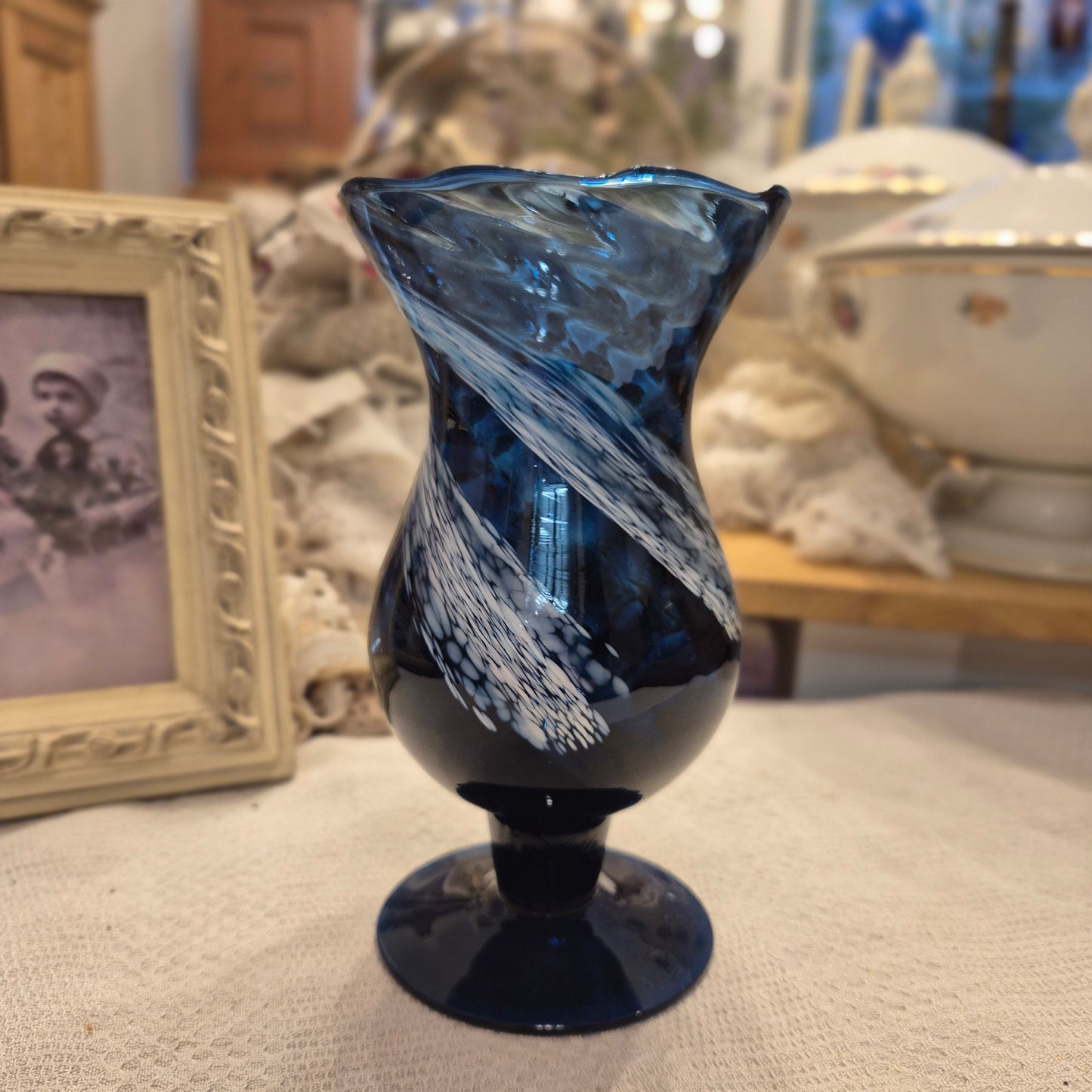 Blaue Vintage Glas Vase transparent Baluster