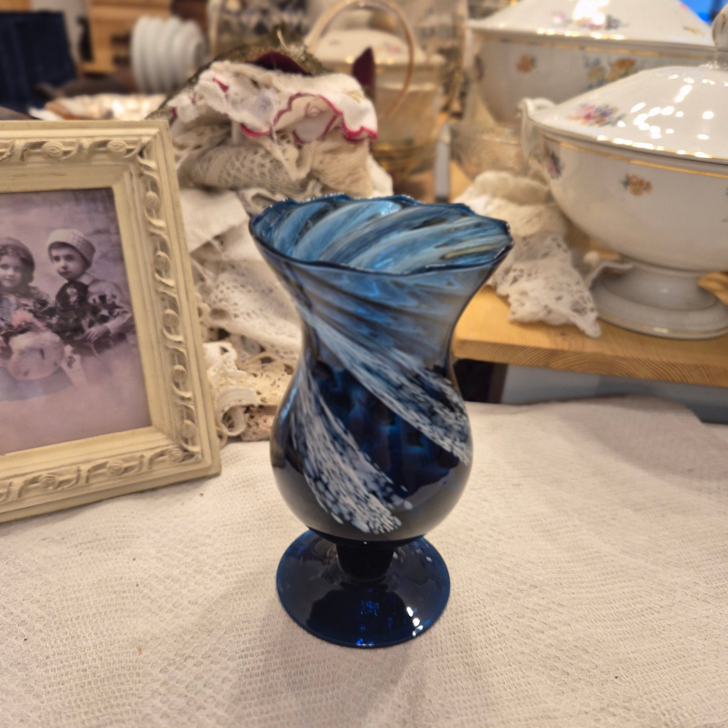 Blaue Vintage Glas Vase transparent Baluster