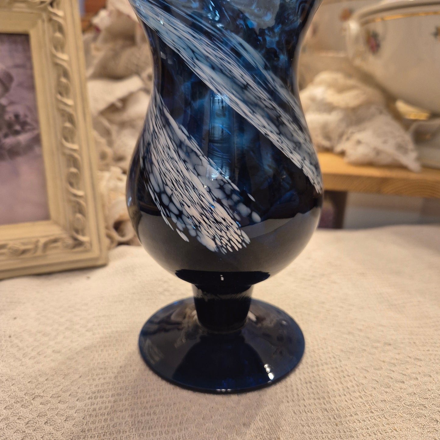 Blaue Vintage Glas Vase transparent Baluster