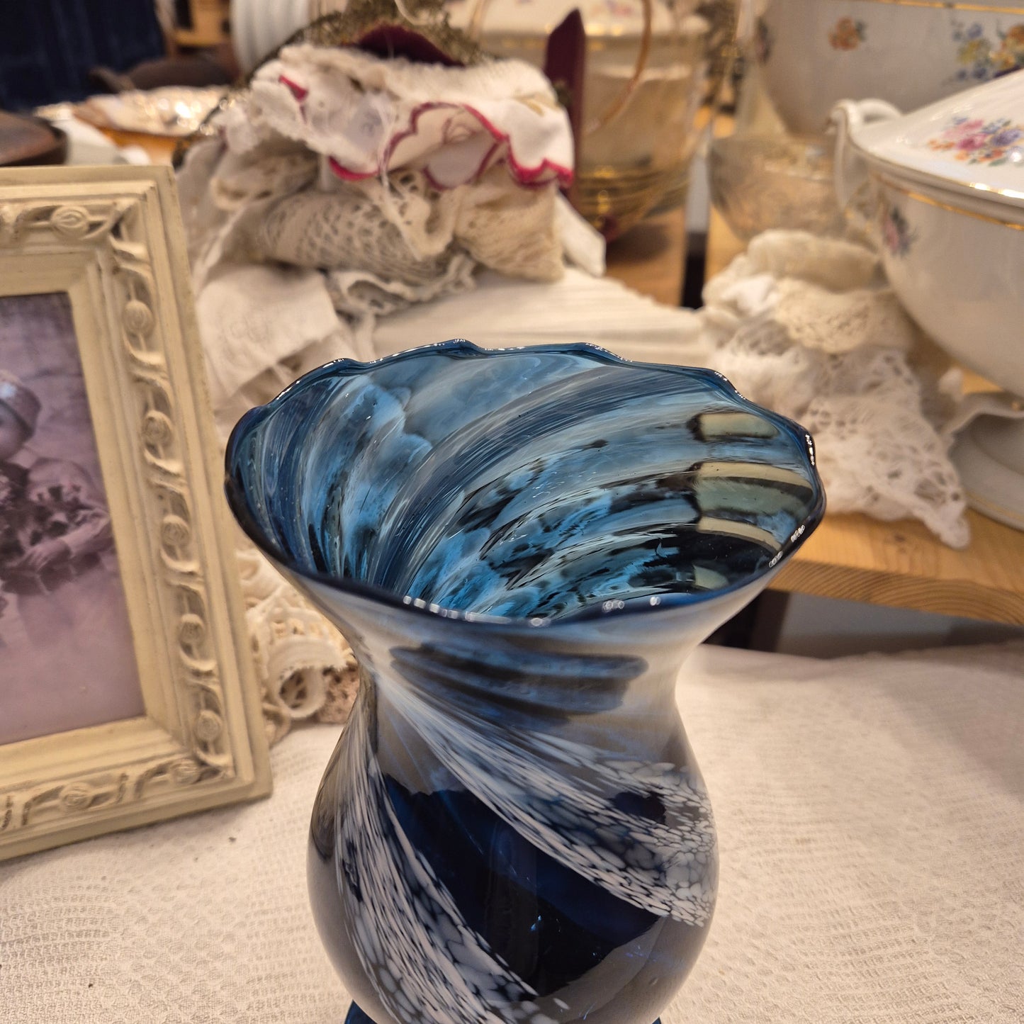 Blaue Vintage Glas Vase transparent Baluster