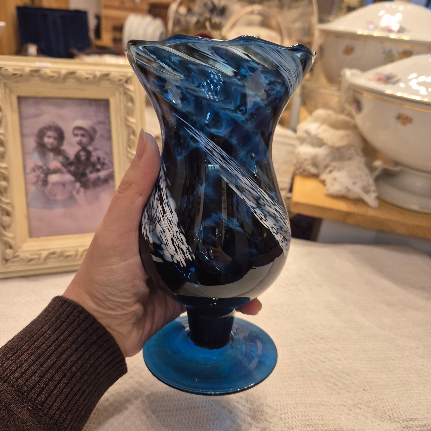 Blaue Vintage Glas Vase transparent Baluster