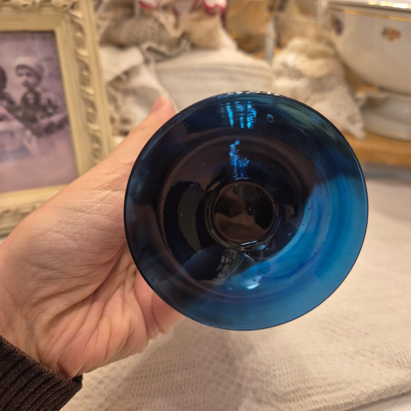 Blaue Vintage Glas Vase transparent Baluster