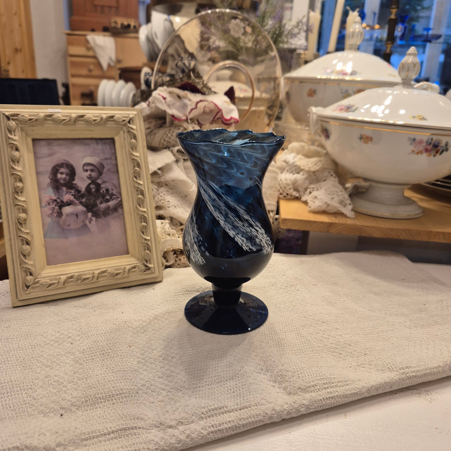 Blaue Vintage Glas Vase transparent Baluster