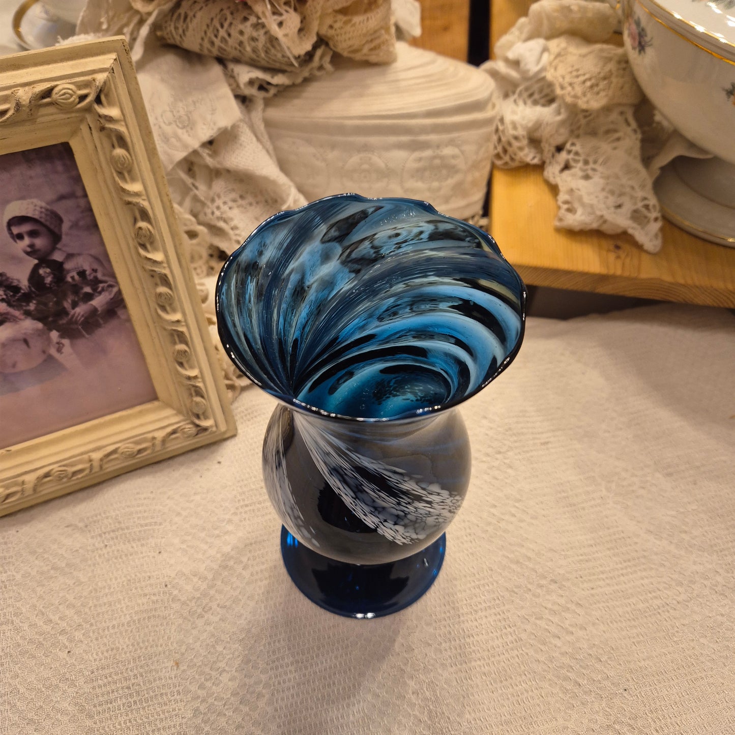 Blaue Vintage Glas Vase transparent Baluster