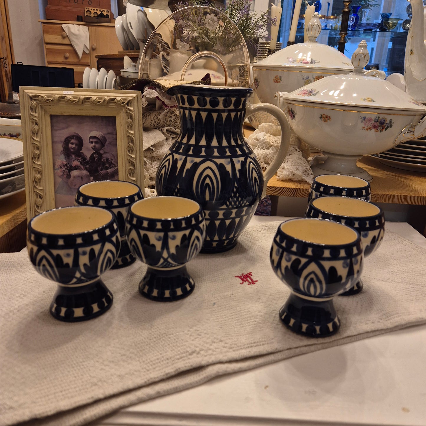 Handmade Milchkrug Kanne Keramik mit 6x Milchtassen Blau Beige Vintage