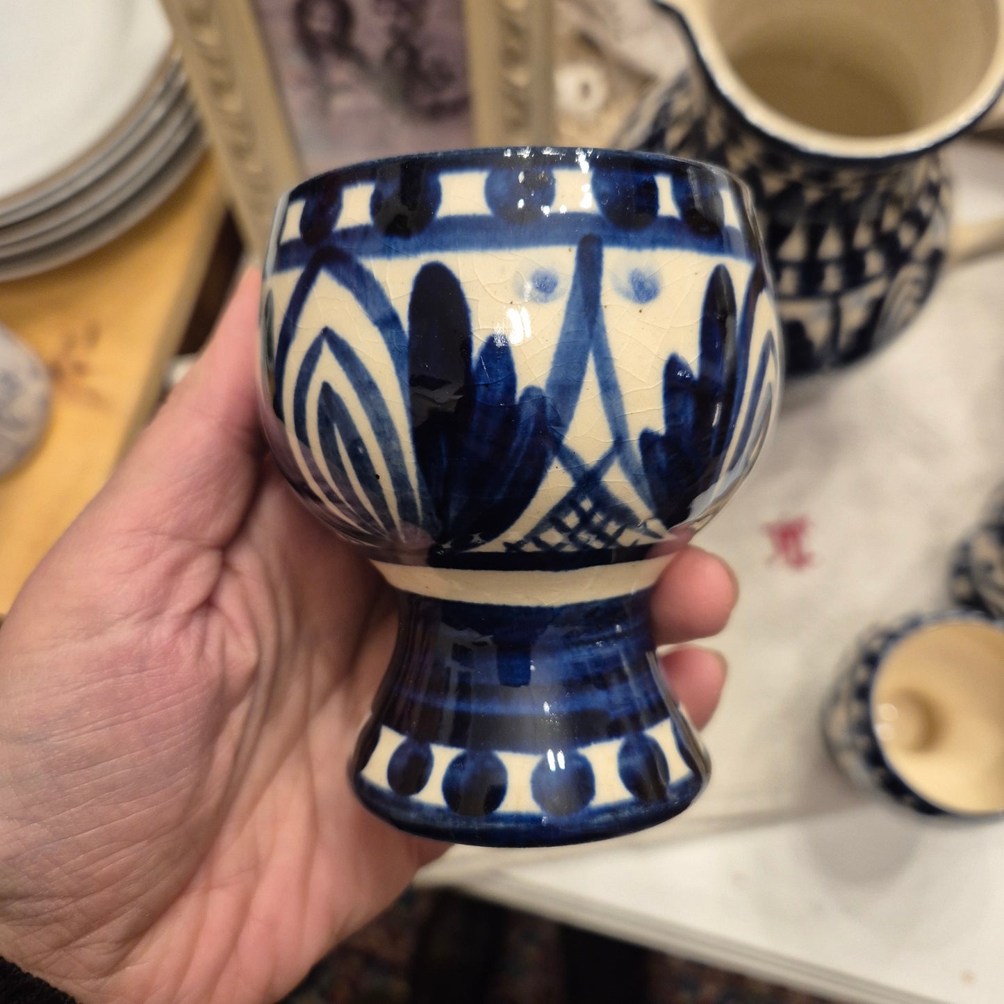 Handmade Milchkrug Kanne Keramik mit 6x Milchtassen Blau Beige Vintage