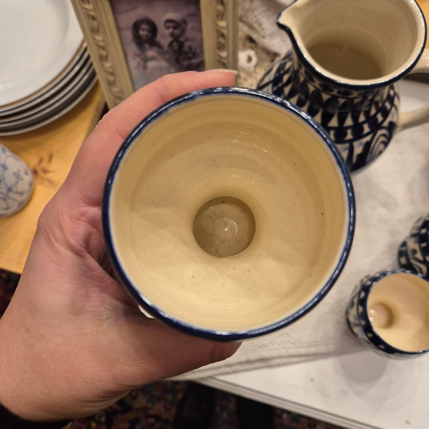 Handmade Milchkrug Kanne Keramik mit 6x Milchtassen Blau Beige Vintage