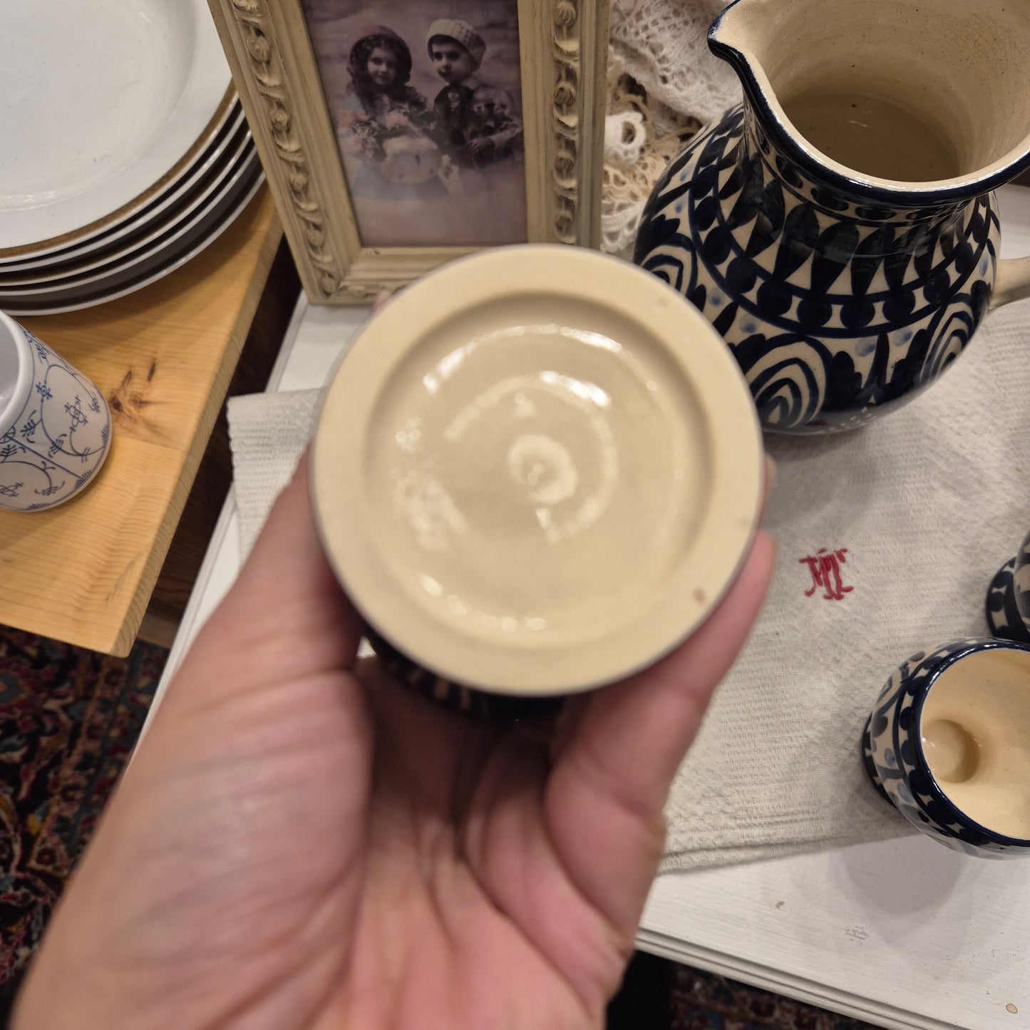 Handmade Milchkrug Kanne Keramik mit 6x Milchtassen Blau Beige Vintage