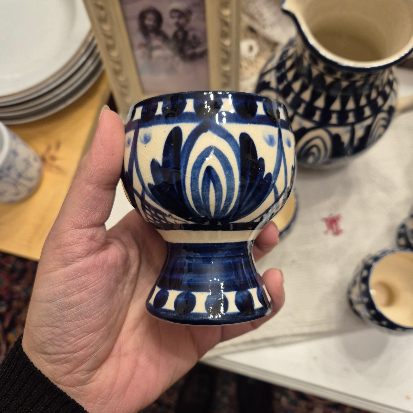 Handmade Milchkrug Kanne Keramik mit 6x Milchtassen Blau Beige Vintage