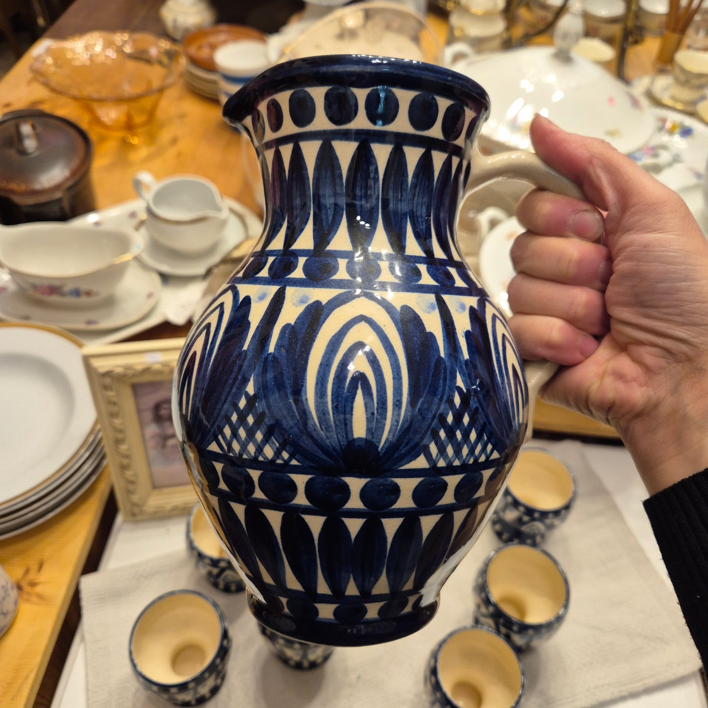 Handmade Milchkrug Kanne Keramik mit 6x Milchtassen Blau Beige Vintage