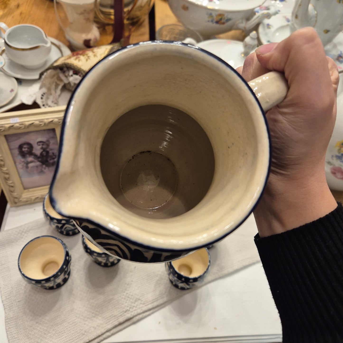 Handmade Milchkrug Kanne Keramik mit 6x Milchtassen Blau Beige Vintage
