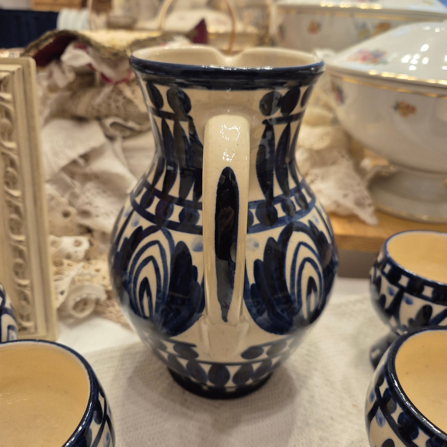 Handmade Milchkrug Kanne Keramik mit 6x Milchtassen Blau Beige Vintage