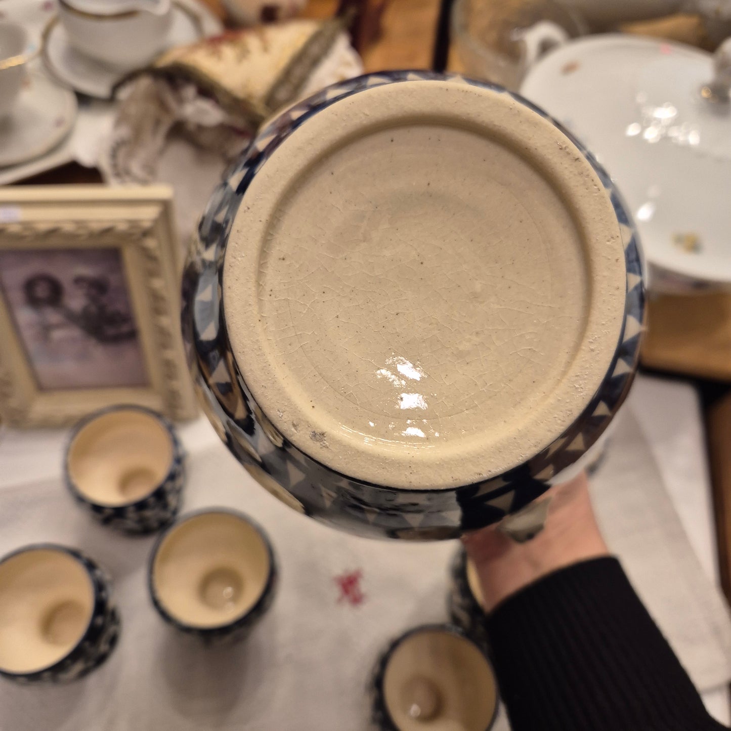 Handmade Milchkrug Kanne Keramik mit 6x Milchtassen Blau Beige Vintage