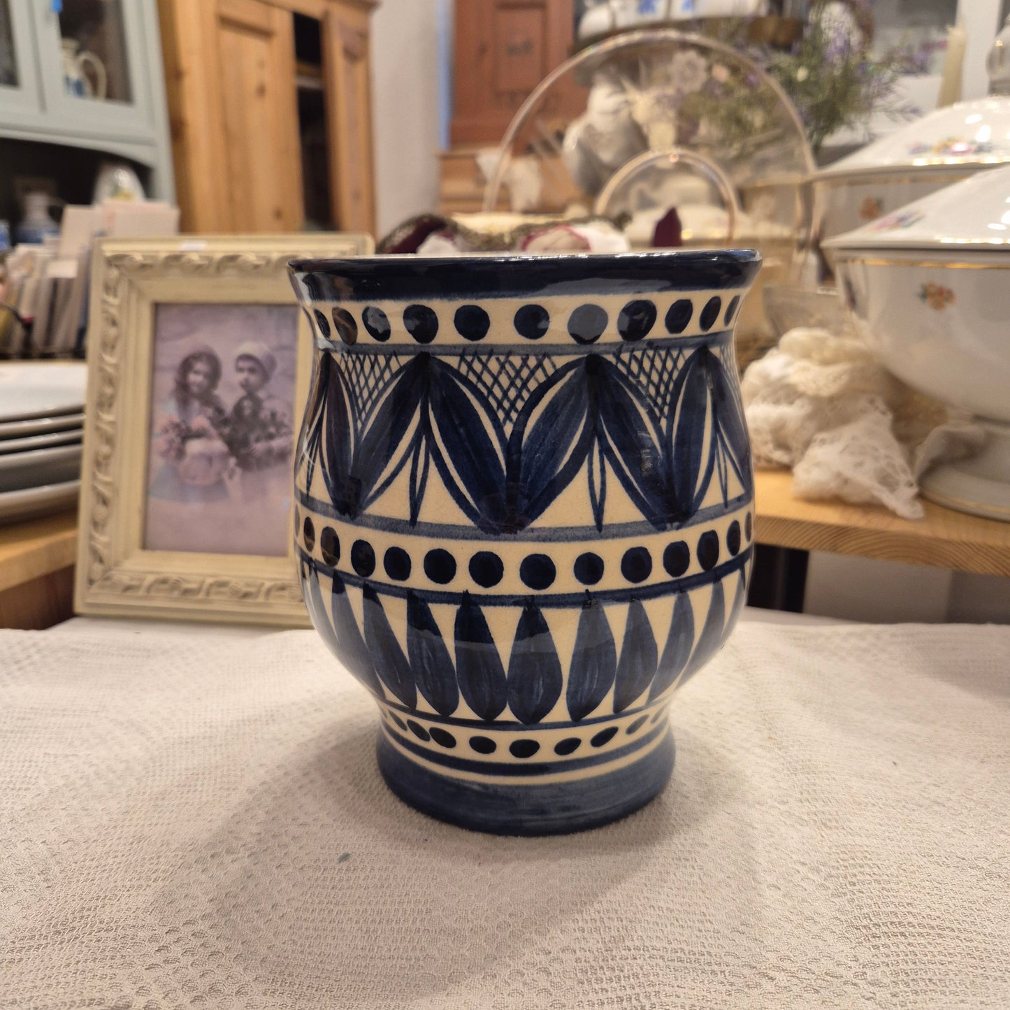 Handmade Blumentopf Übertopf Vintage blau weiß Keramik