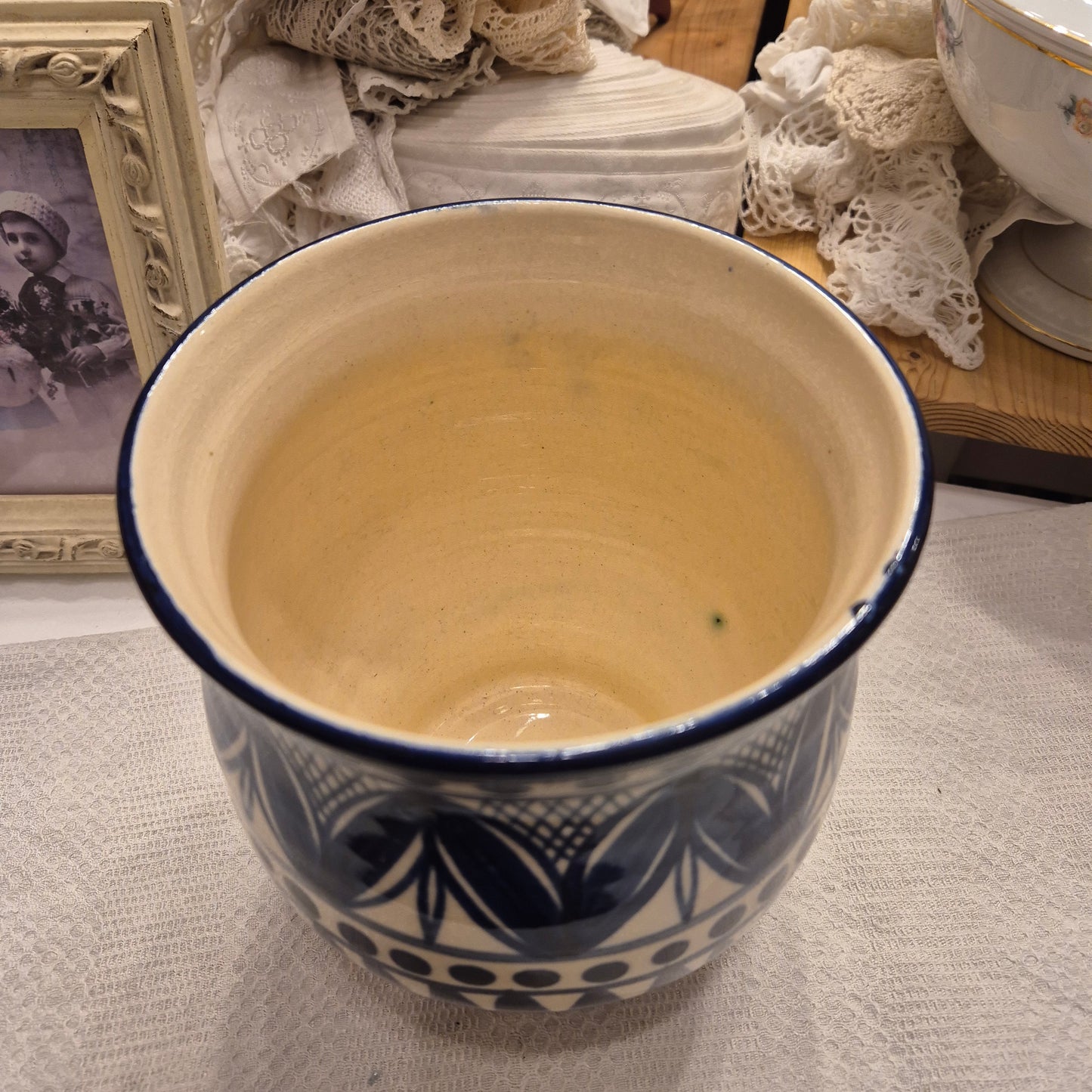 Handmade Blumentopf Übertopf Vintage blau weiß Keramik