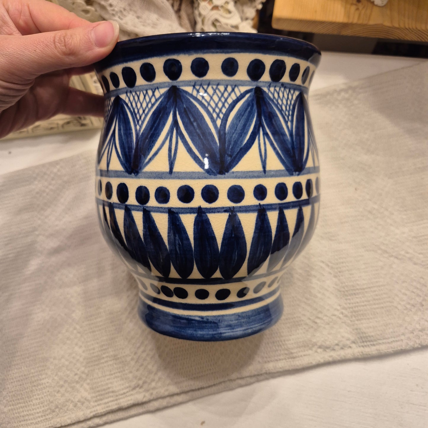 Handmade Blumentopf Übertopf Vintage blau weiß Keramik