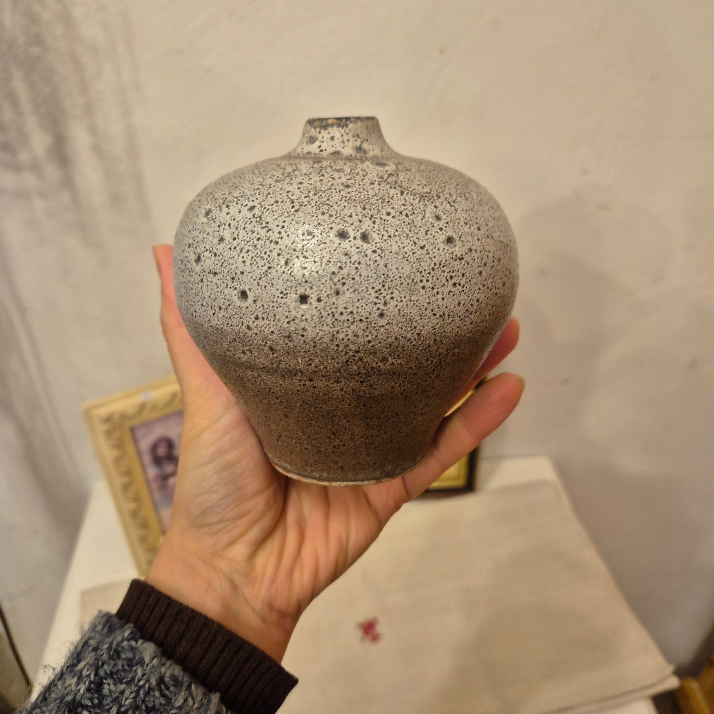 Vintage Steingut Keramik Vase grau braun Handgemacht