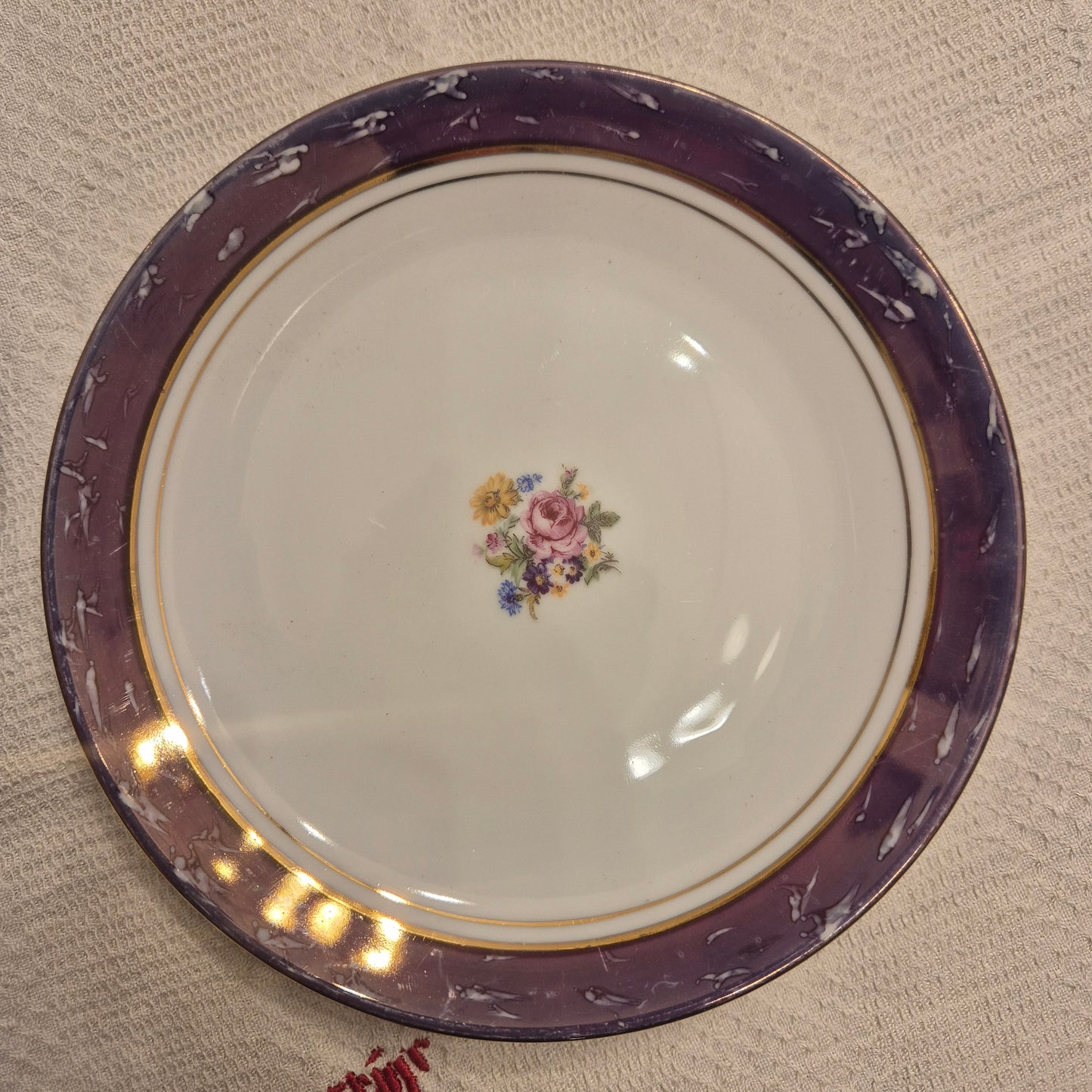 6x Antike Kuchenteller Blumendekor weiß mit lila Goldrand