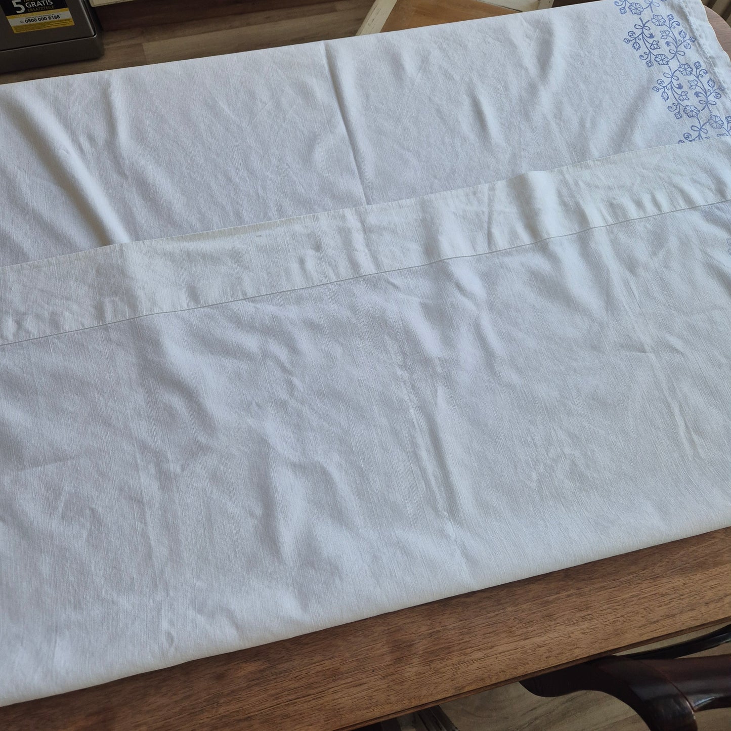 Vintage Baumwolle Gardine mit blauem Stempel Muster rechte Seite 118x166cm Handgemacht