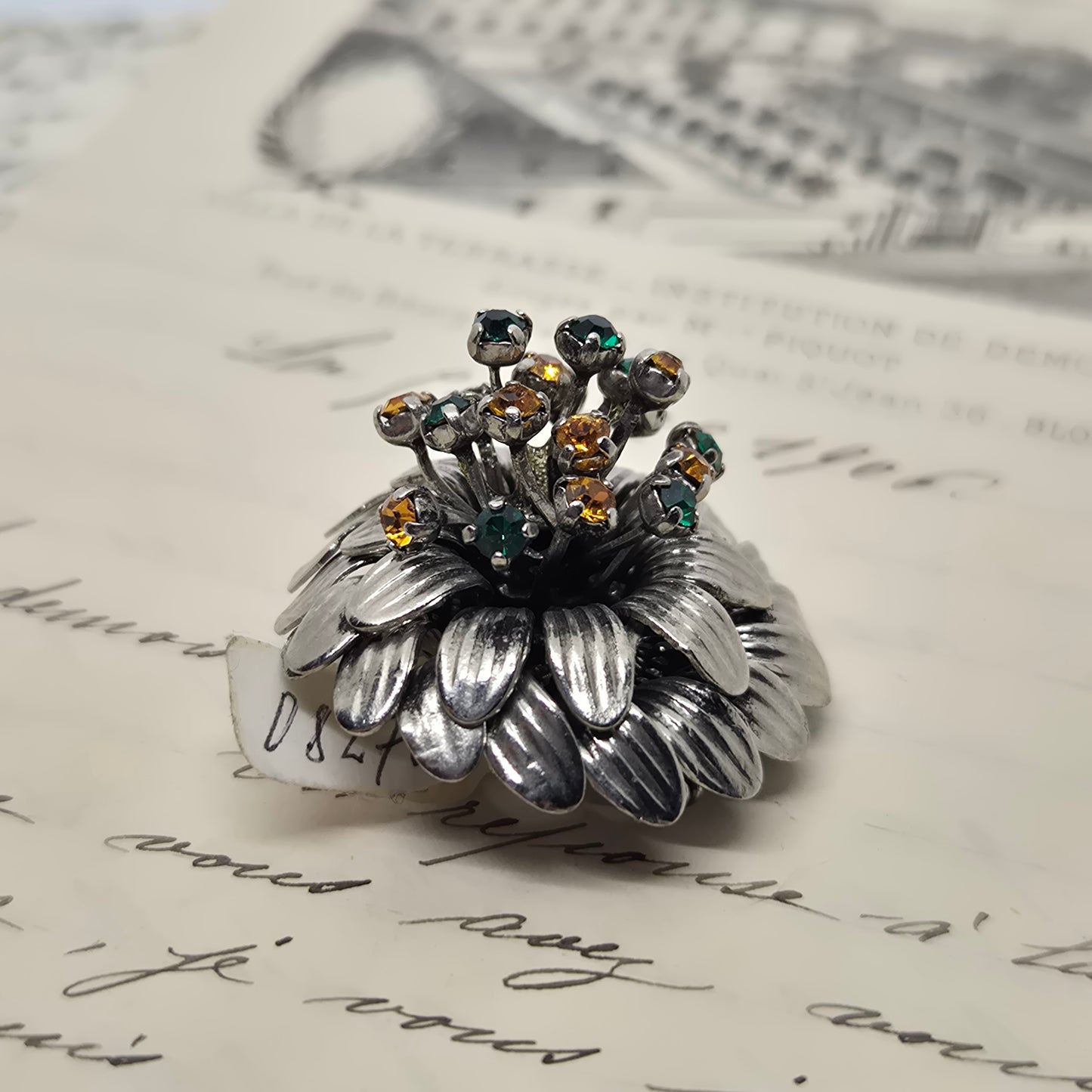 Feine 50er Jahre Brosche Blume Blüten Silber Strasssteine grün orange edel Nummer 41