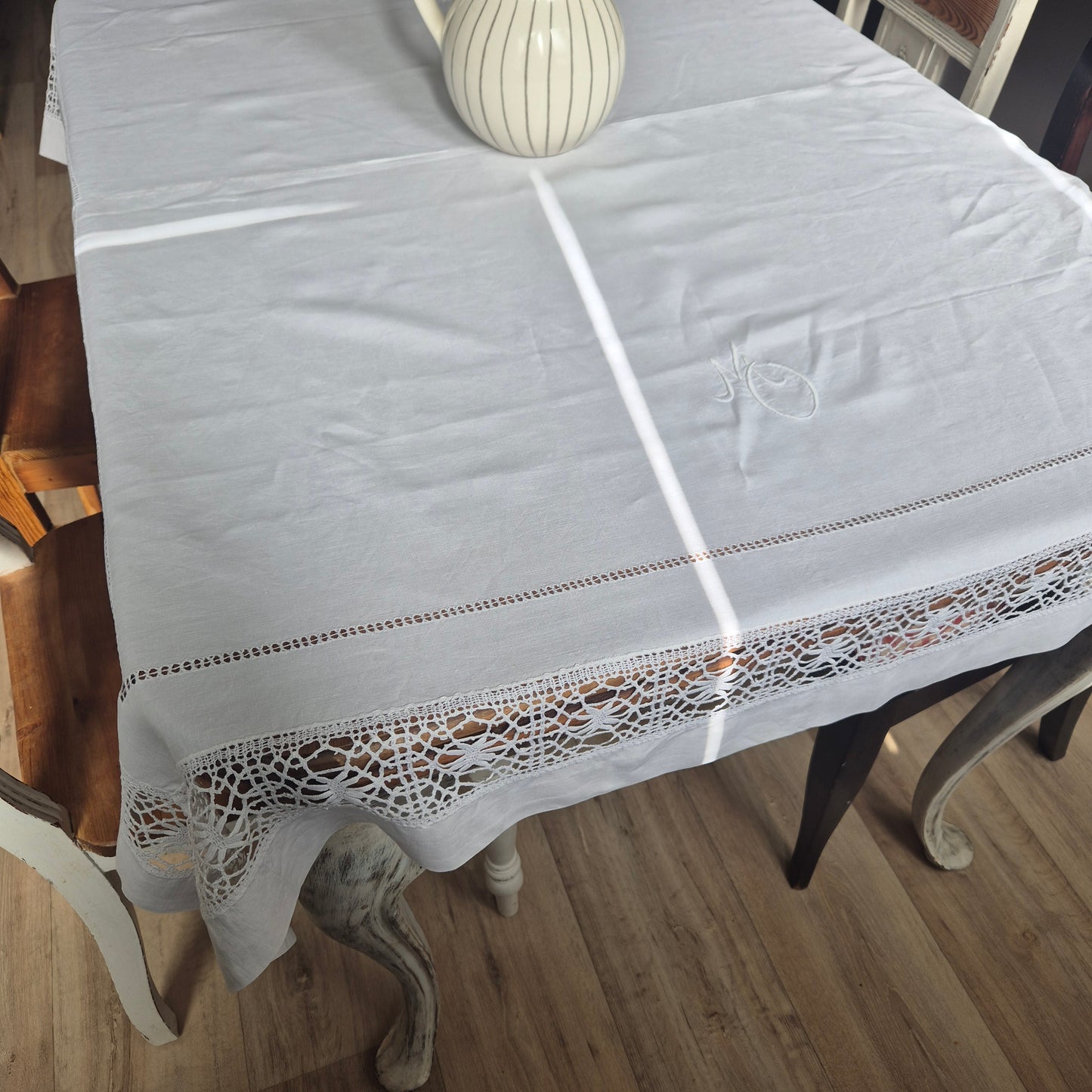 Antike Tischwäsche Leinen/Baumwolle Spitze weiß 120x140cm Tafel Königlich wunderschön! Monogramm M.O. ein Fleck 🤍