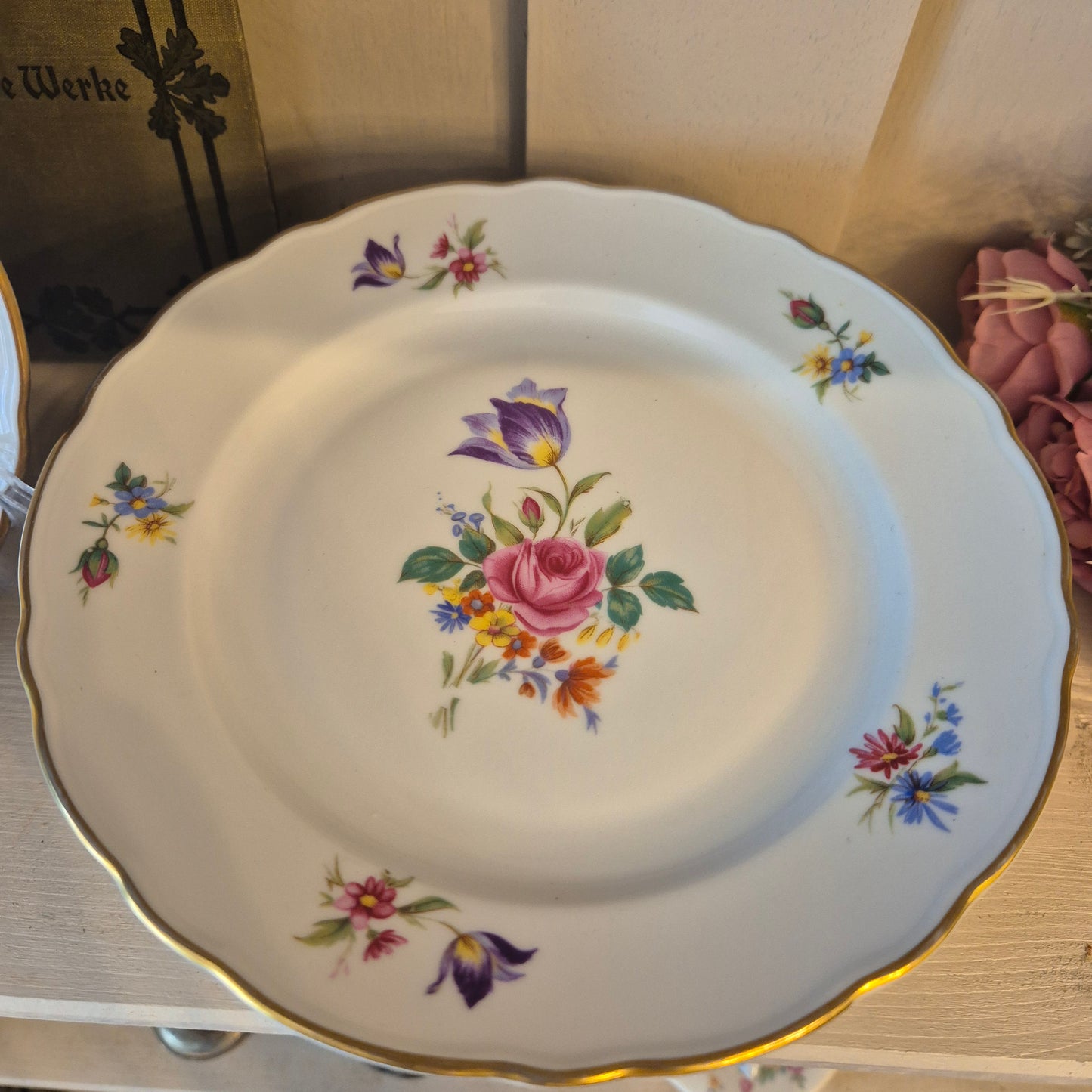 9x Antike Bavaria Porzellan Kuchenteller mit Blumenmotiv Goldrand
