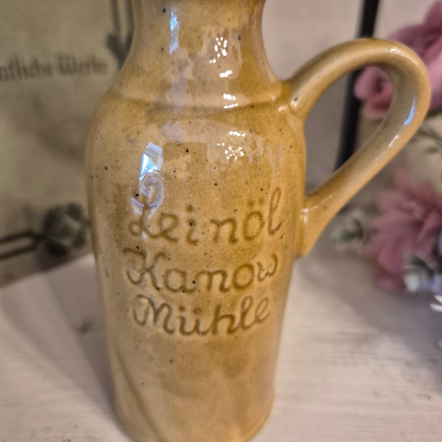 Vintage Leinöl Kamow Mühle Keramik kleines Fläschen mit Stopfen