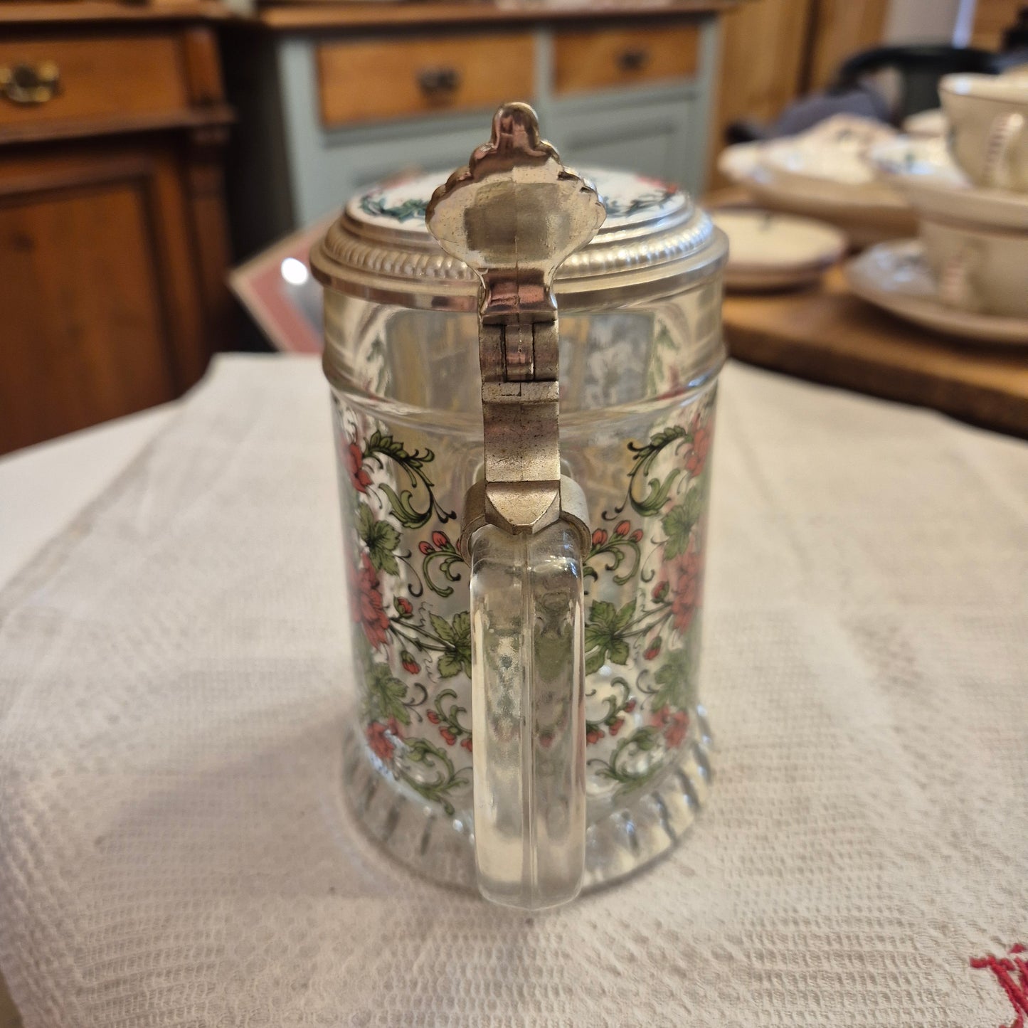 Vintage Glas Bierkrug mit Deckel Geschenk Der Schreiner Motiv